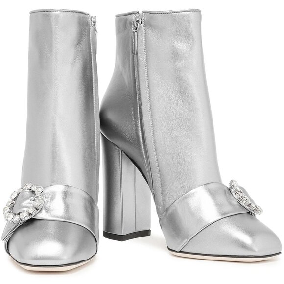 DOLCE & GABBANA BOOTS ANKLE METALLIC SILVER LEATHER JEWELED BUCKLE IT 38 US 7.5 - Picture 3 of 13